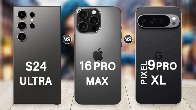 Cụm camera iPhone 16 Pro Max, Samsung Galaxy S25 Ultra, và Pixel 9 Pro XL